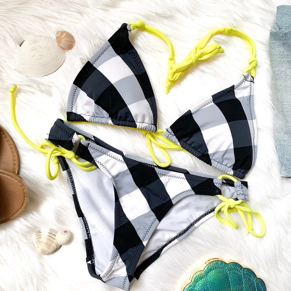 NWT Black and White Neon Plaid Bikini